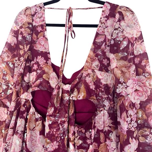 Altar’d State Womens‎ Burgundy Sequin Floral Maxi Dress Open Back Size Small - Picture 10 of 16